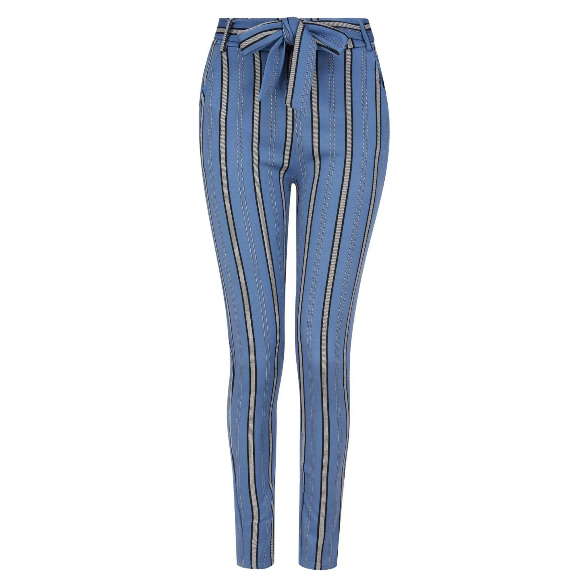 Women's high-waisted belted trousers in blue with vertical black and grey stripes, featuring a tie-front waist and slim fit.